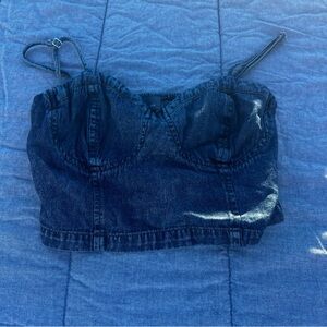 Indigo Rising Blue Denim Corset Style Smocked Back Festival Wear Crop Top Large